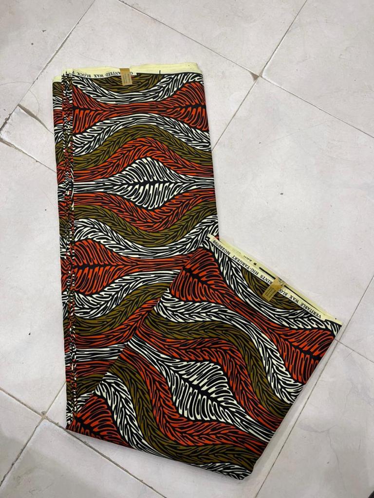 Medium green, orange white striped ankara