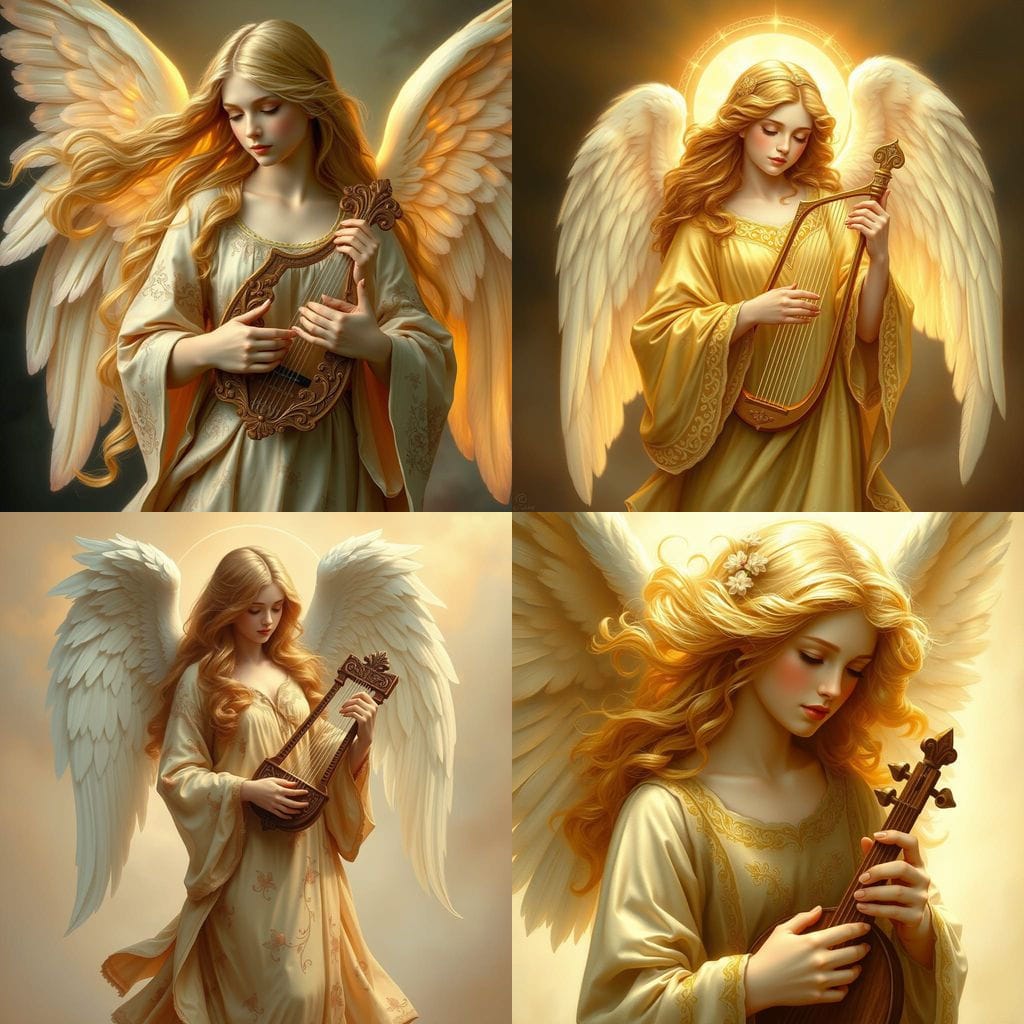 Artwork angel with golden hair, wearing a style robe